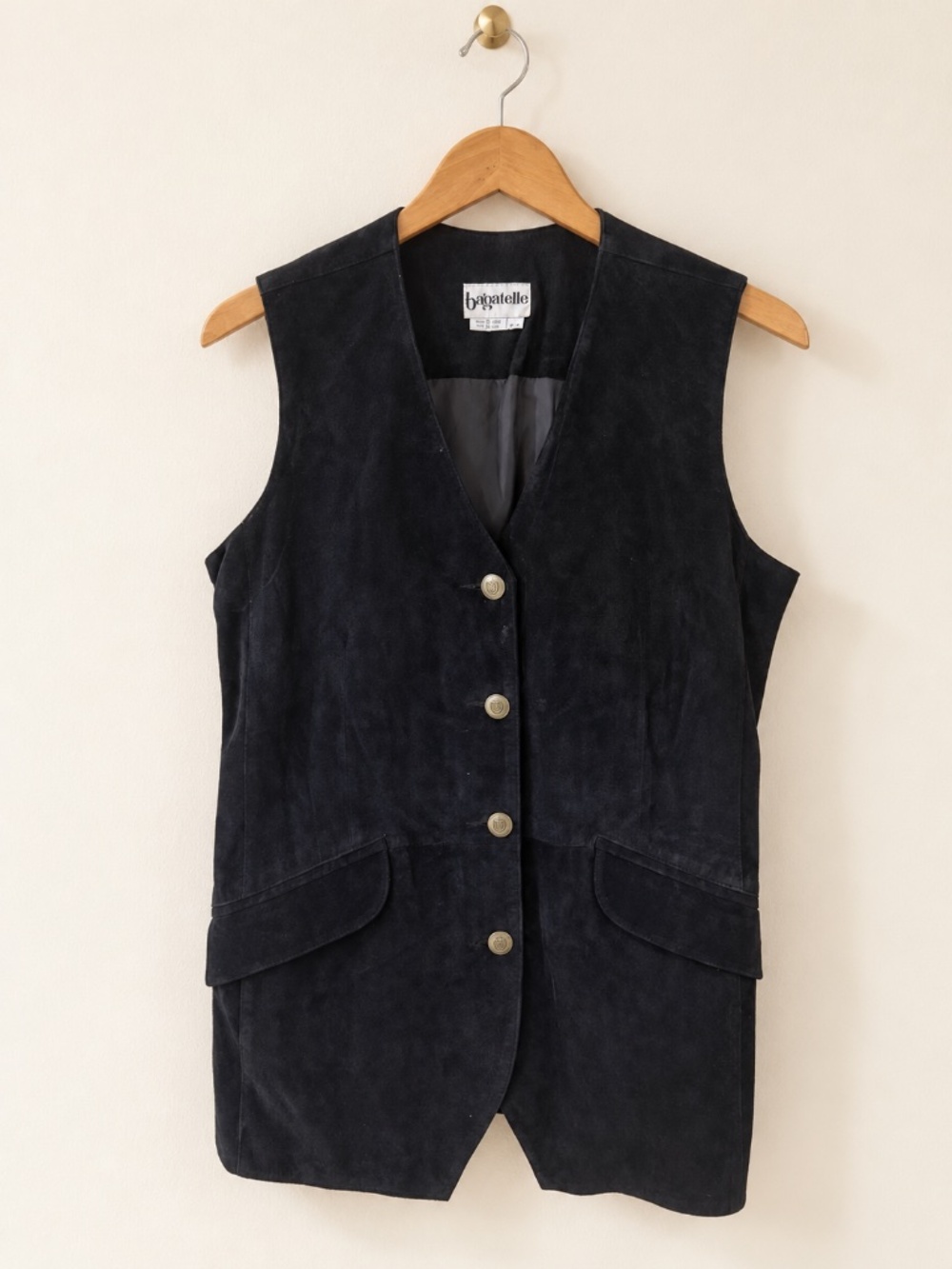 Vintage Y2K Bagatelle Black Suede Leather Longline Button Front Vest Size Small